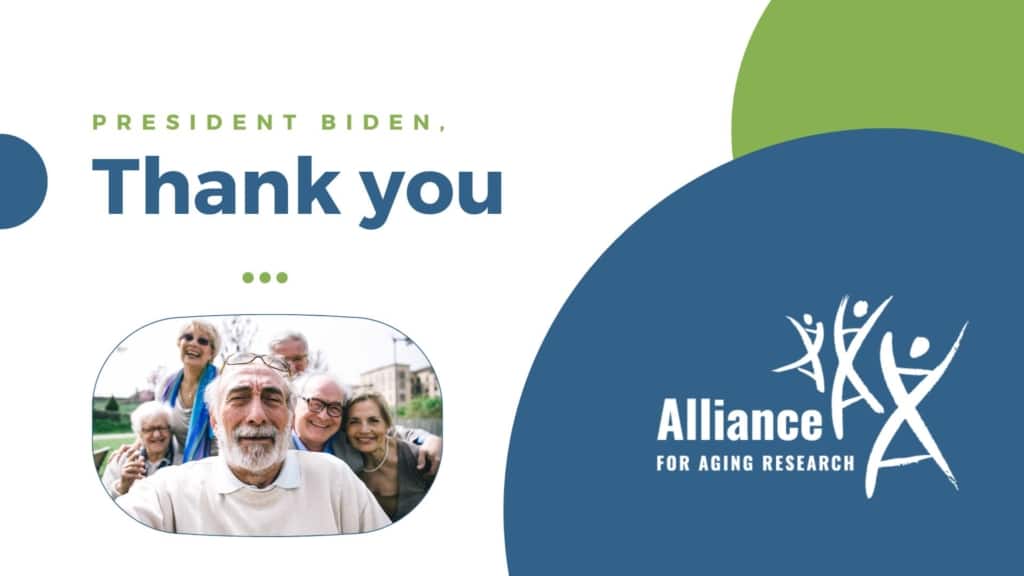 Thank you message to President Biden with image of happy seniors and Alliance logo