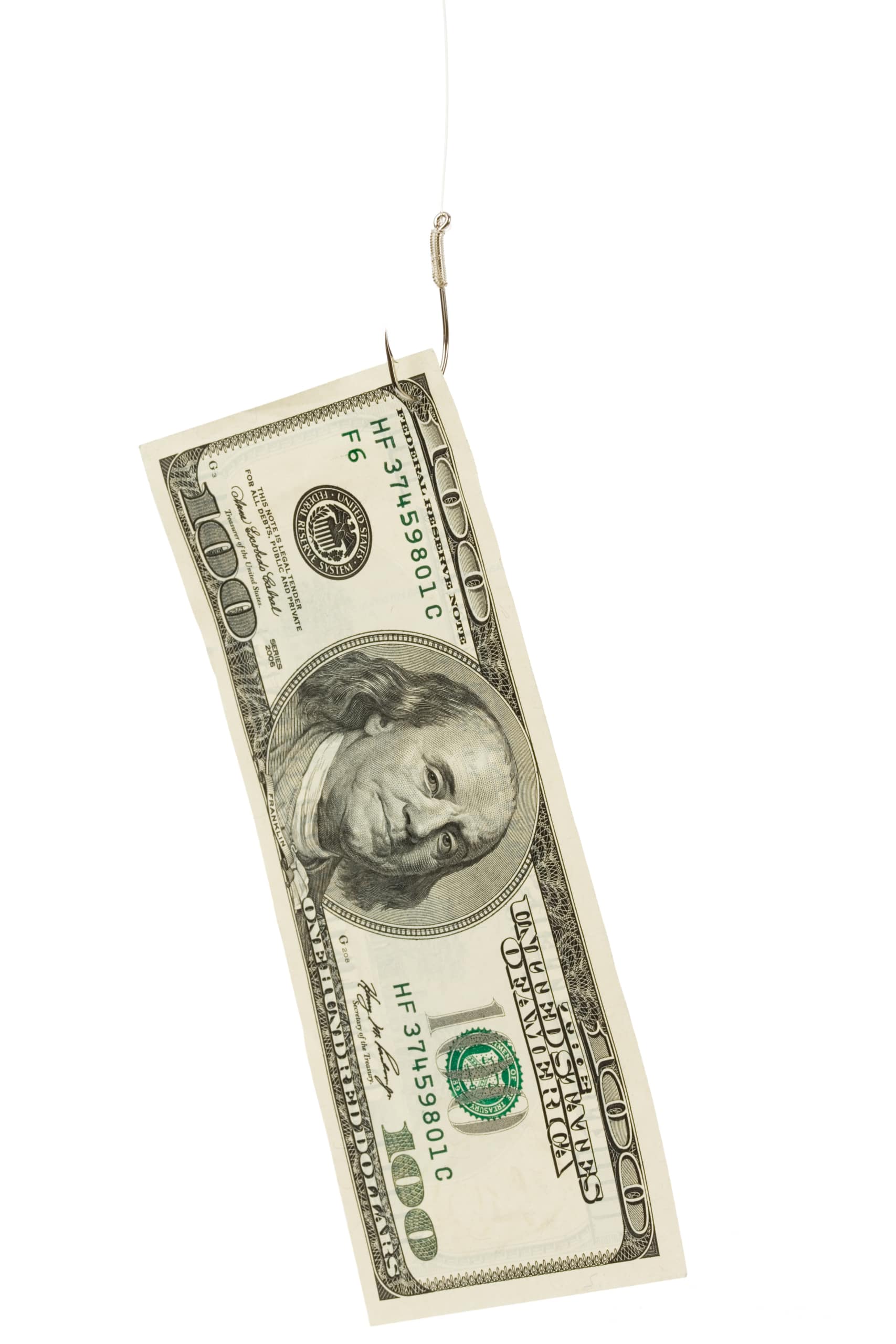 $100 bill on a fish hook implying a scam