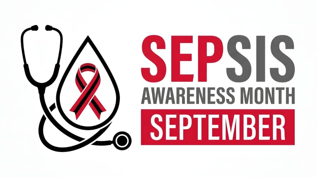 Graphic with stethoscope and Sepsis Awareness Month logo